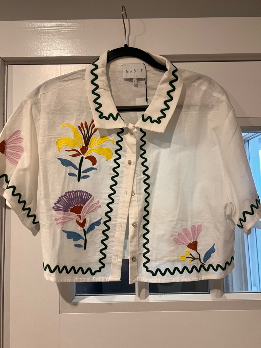 MARBLE White Shirt with Green Ric Rac Trim and Yellow Embroidery